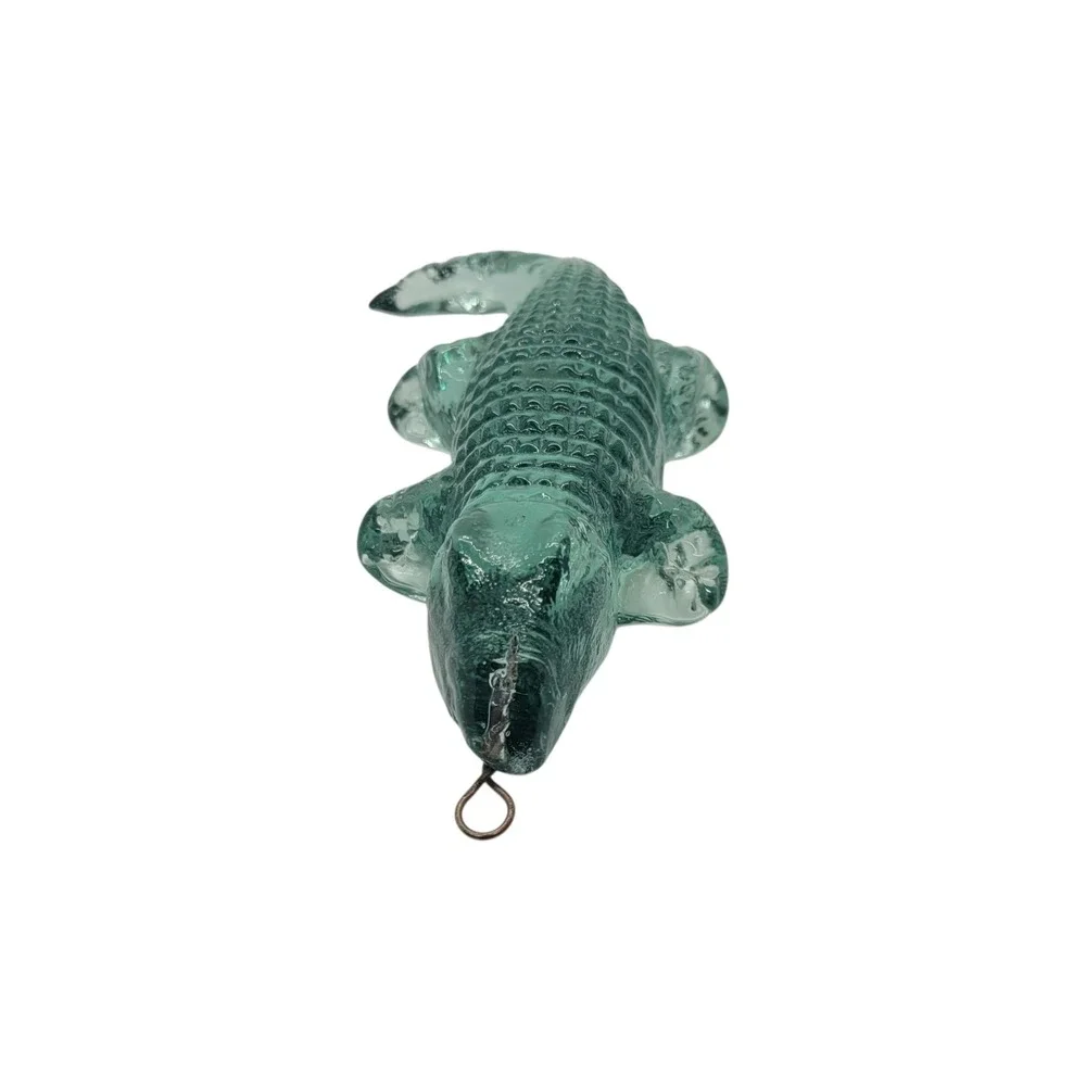 Vintage Art Glass Alligator Figurine Teal Green Textured Crocodile Ornament 6.5